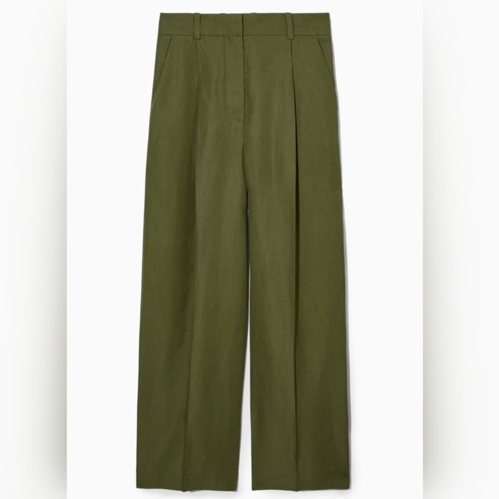 COS RELAXED LINEN-BLEND WIDE-LEG PANTS DARK KHAKI GREEN 2 Small